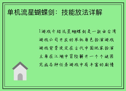 单机流星蝴蝶剑：技能放法详解